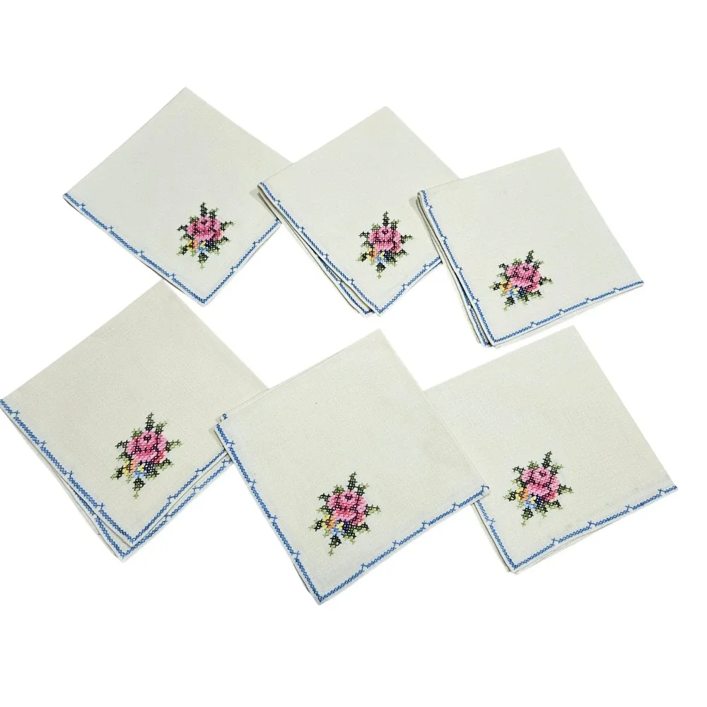 Vintage Set of 6 Embroidered Cocktail Napkins Floral Pink‎ Blue Cross Stitch